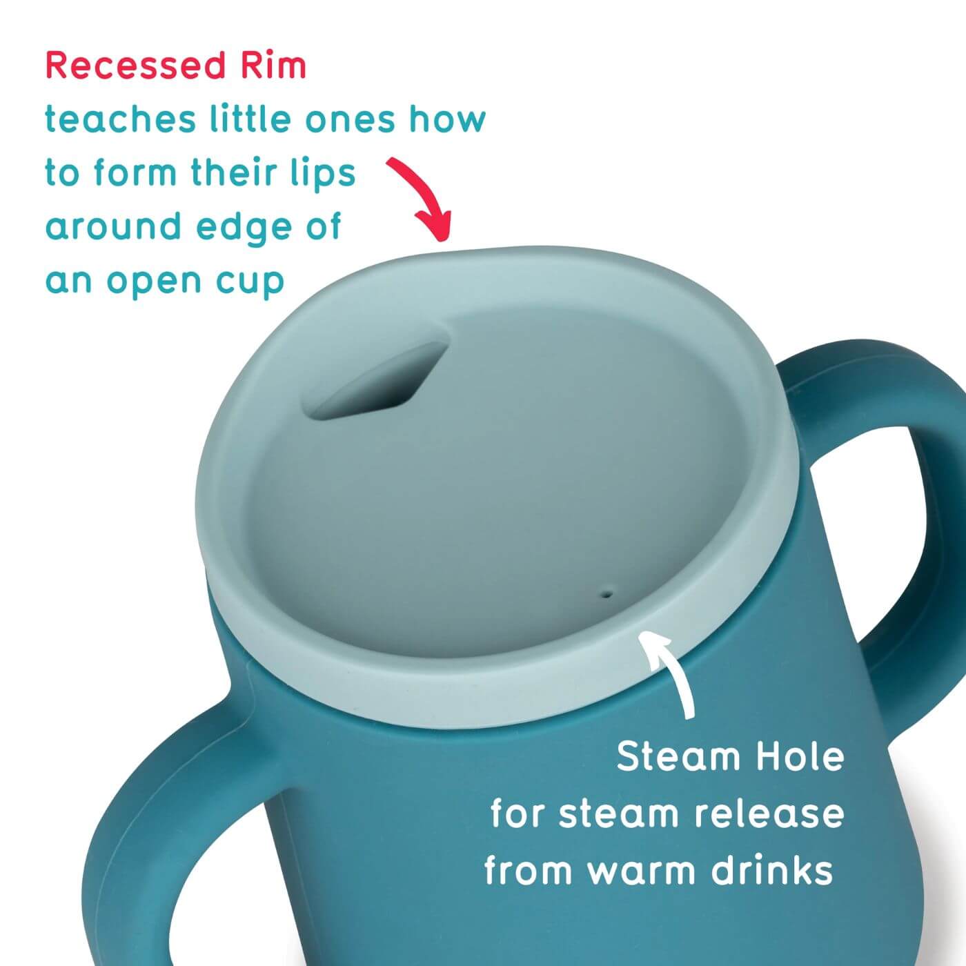 A blue TUM TUM silicone sippy cup with a recessed rim designed to help toddlers learn to form their lips around the edge of an open cup. It features a steam hole for safe steam release from warm drinks, ensuring comfort and safety during use.