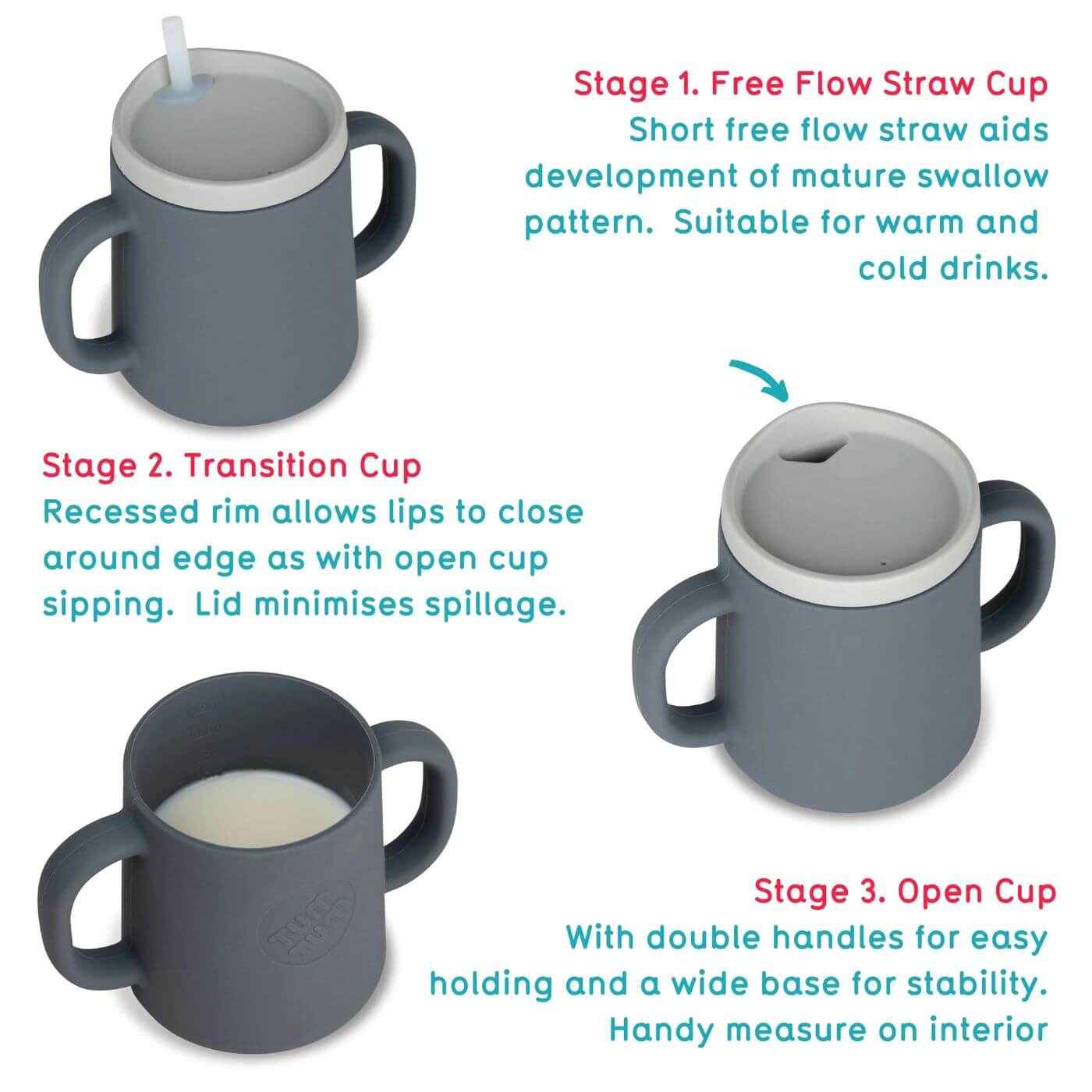 The TUM TUM silicone sippy cup progression includes three stages: the Free Flow Straw Cup with a short straw to support mature swallowing, suitable for warm and cold drinks; the Transition Cup, featuring a recessed rim for open cup-like sipping with a spill-minimising lid; and the Open Cup, designed with double handles for stability and an interior measuring guide to monitor liquid intake.