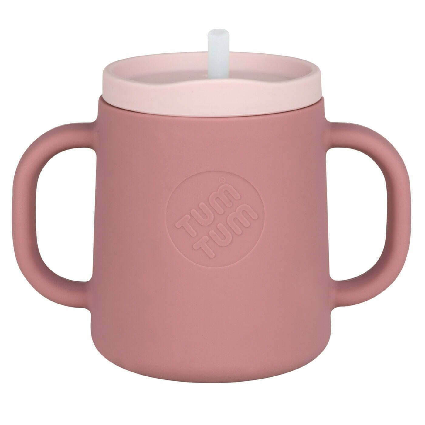 A pink TUM TUM silicone sippy cup featuring dual handles and a soft silicone straw spout. The cup is designed for easy gripping and spill-resistant drinking, perfect for toddlers transitioning to independent drinking.