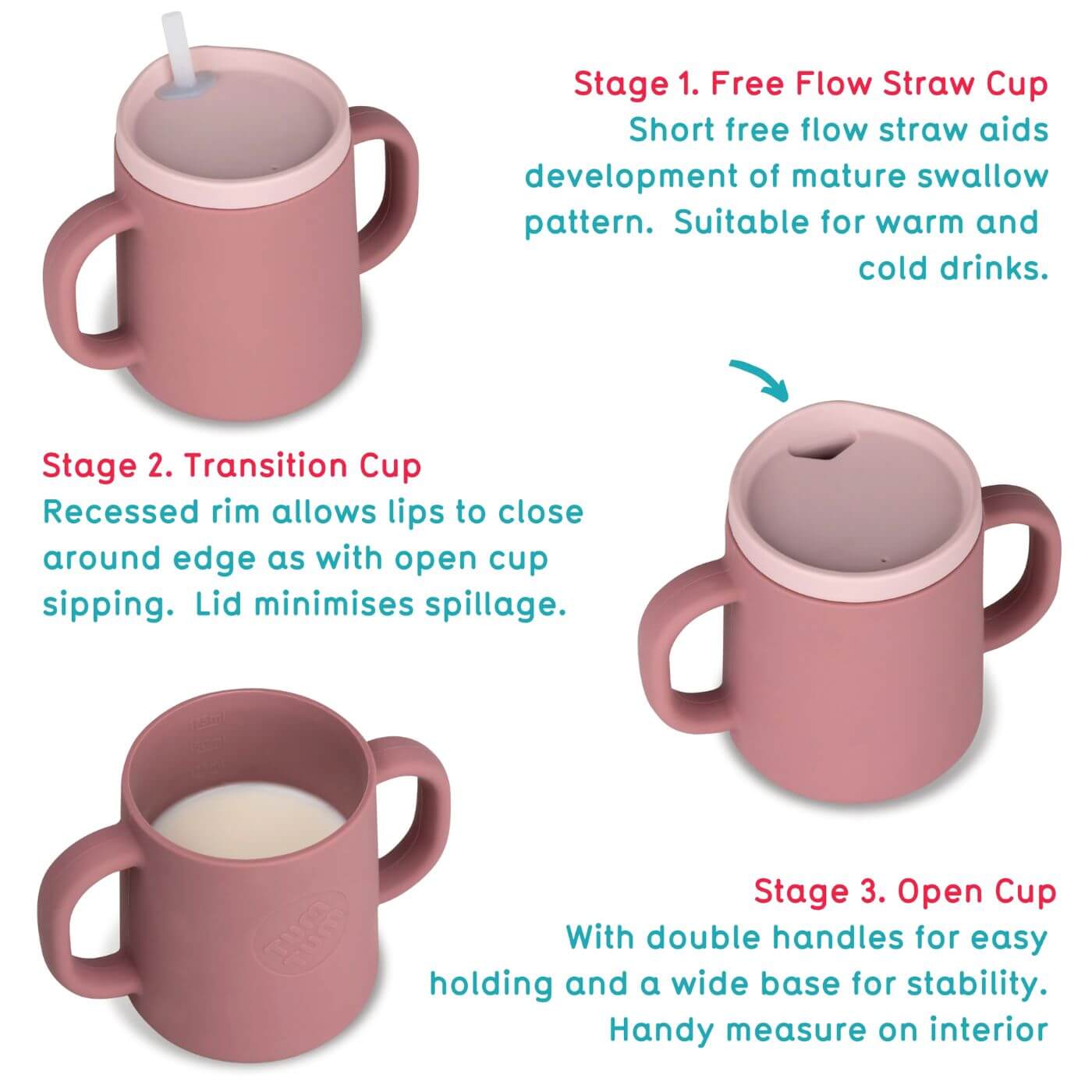 The TUM TUM silicone sippy cup progression includes three stages: the Free Flow Straw Cup with a short straw to support mature swallowing, suitable for warm and cold drinks; the Transition Cup, featuring a recessed rim for open cup-like sipping with a spill-minimising lid; and the Open Cup, designed with double handles for stability and an interior measuring guide to monitor liquid intake.