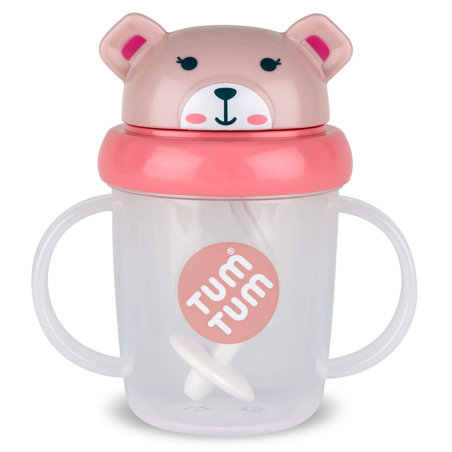 A Series 3 TUM TUM Tippy Up Cup , featuring a pink Betsy bear lid with handles on both sides for easy gripping. The cup includes a weighted straw that follows the liquid, allowing toddlers to drink comfortably from any angle.