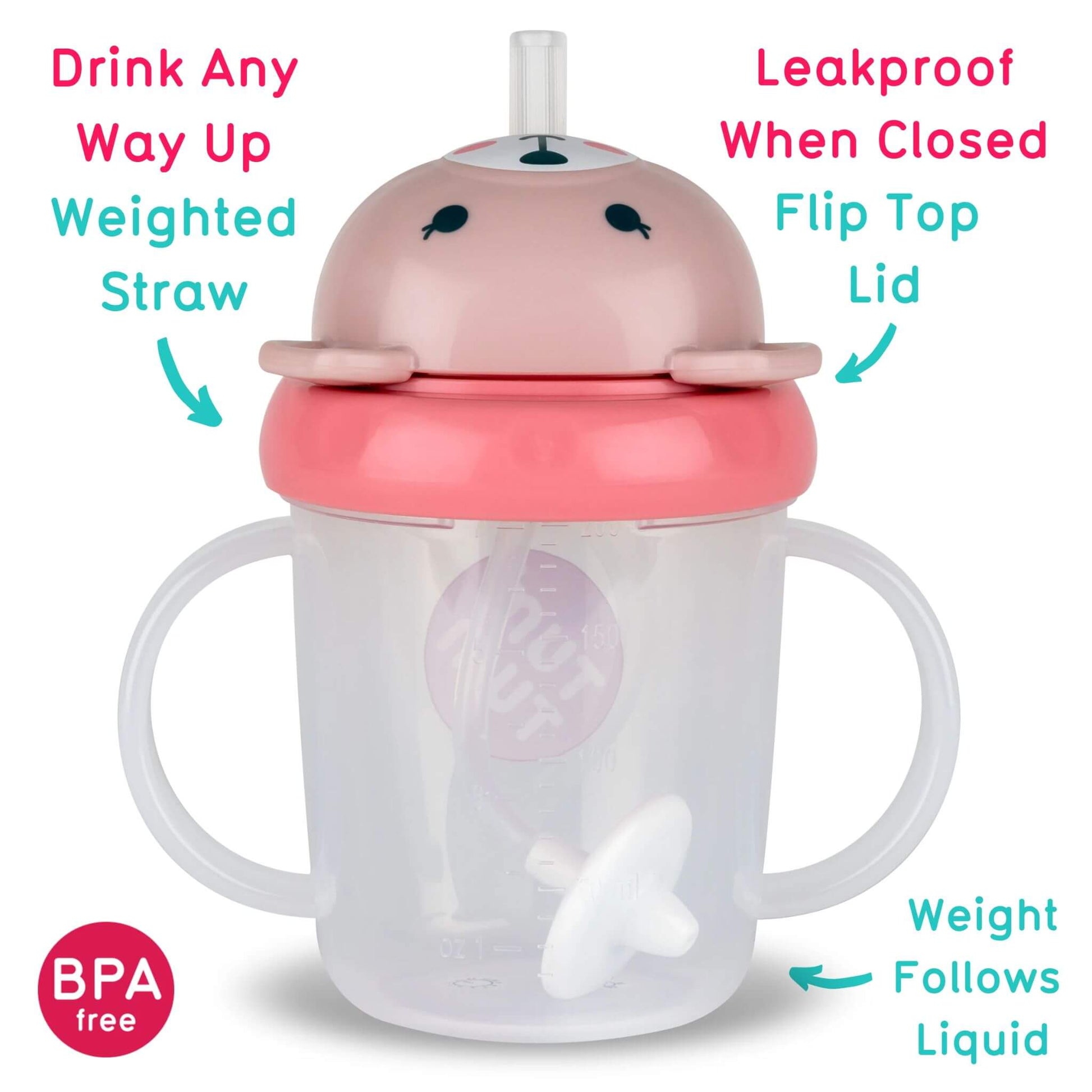 A Series 3 TUM TUM Tippy Up Cup  featuring a pink bear design with a flip-top lid for easy access. The cup includes a weighted straw that follows the liquid, making it easy to drink from any angle. It’s BPA-free, leakproof when closed, and designed with easy-grip handles for toddlers.