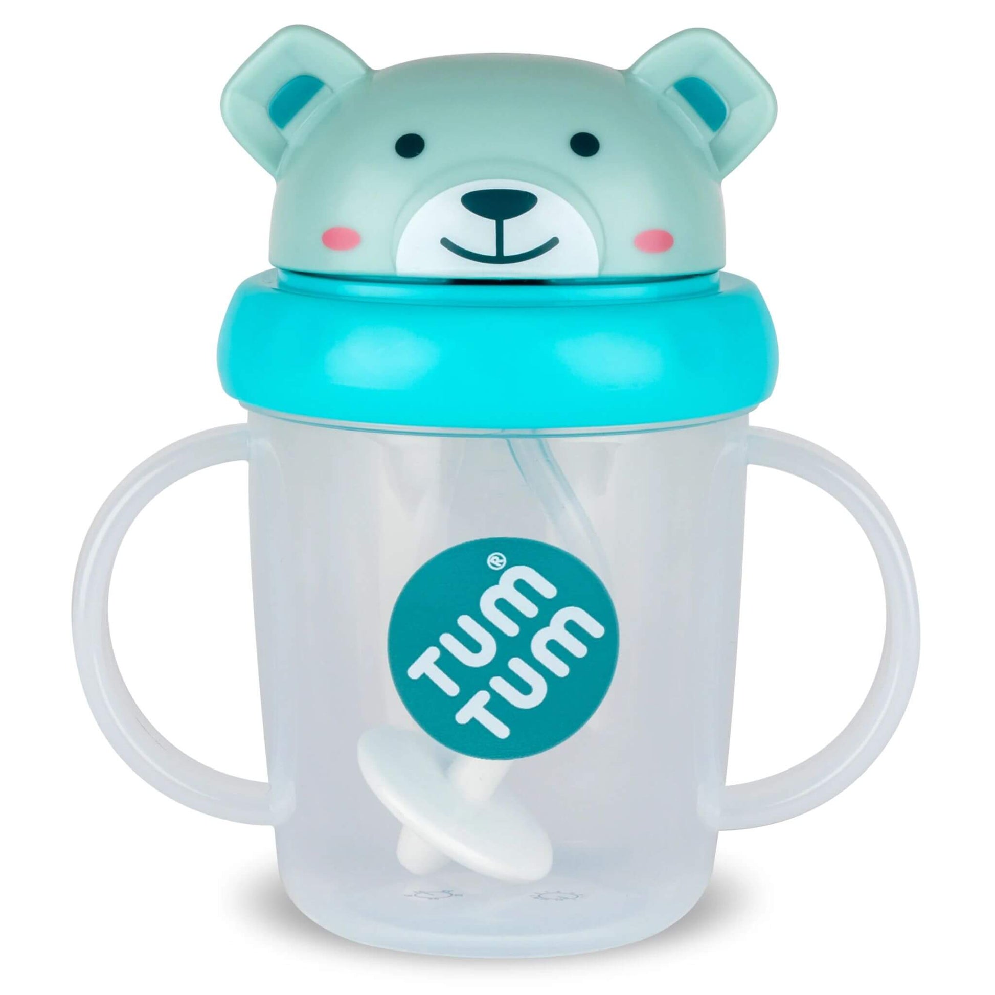 A clear Series 3 TUM TUM Tippy Up Cup, featuring a cute Blue bear lid with handles on both sides for easy gripping. The cup includes a weighted straw that follows the liquid, allowing toddlers to drink comfortably from any angle.