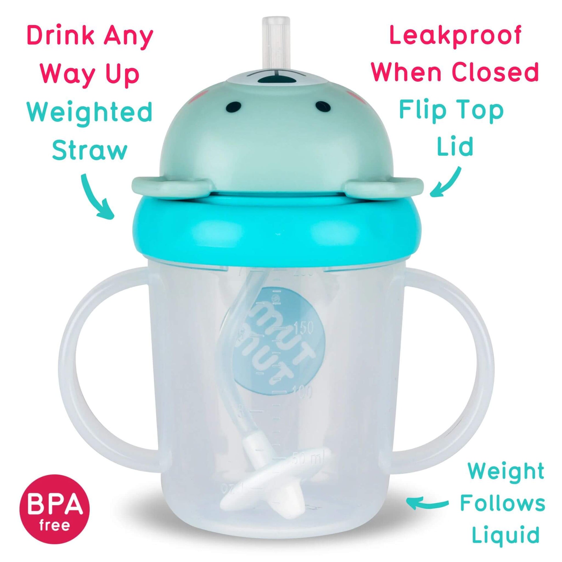 A TUM TUM Tippy Up Cup featuring a blue bear design with a flip-top lid for easy access. The cup includes a weighted straw that follows the liquid, making it easy to drink from any angle. It’s BPA-free, leakproof when closed, and designed with easy-grip handles for toddlers.