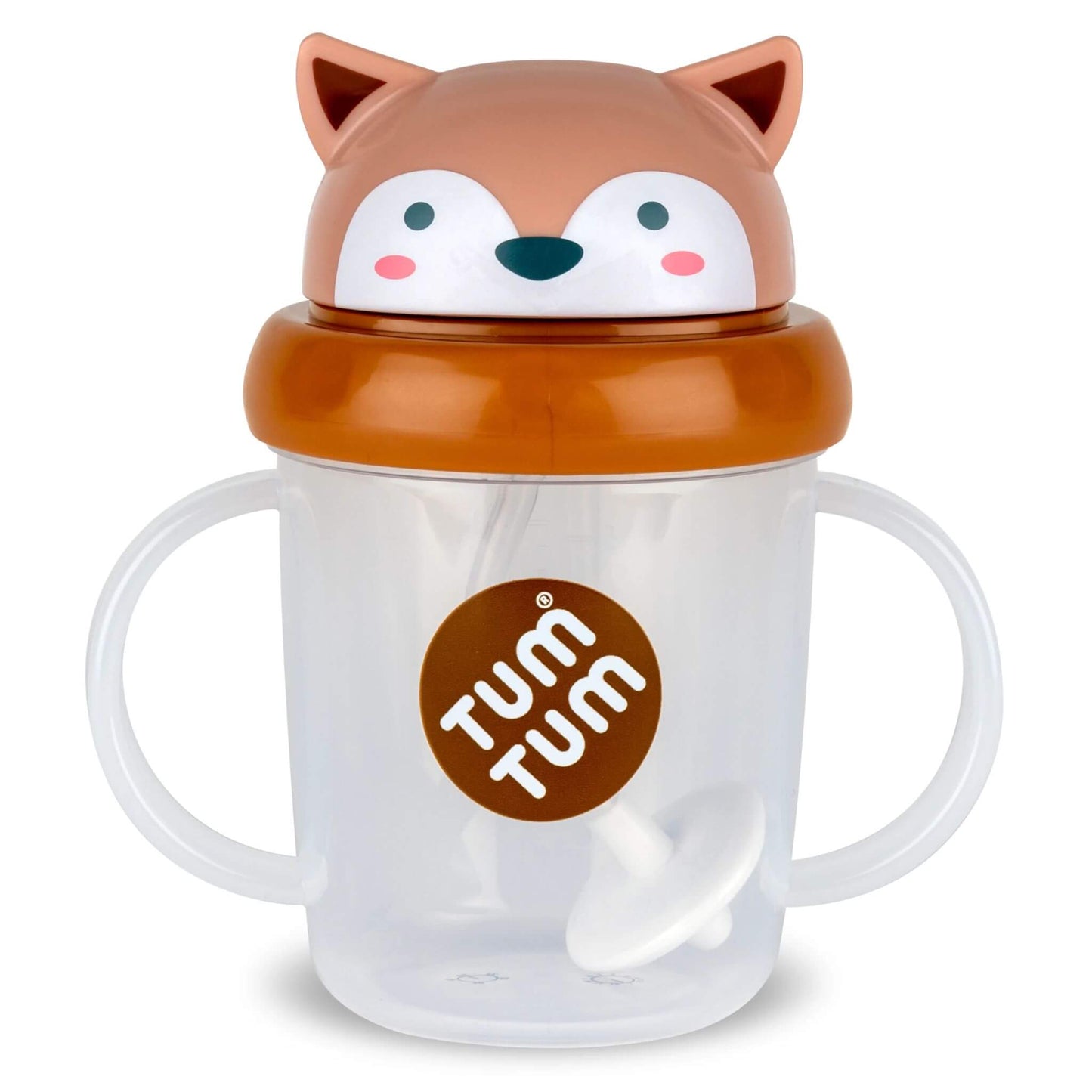 A clear TUM TUM Tippy Up Cup, featuring Fergus Fox lid with handles on both sides for easy gripping. The cup includes a weighted straw that follows the liquid, allowing toddlers to drink comfortably from any angle.