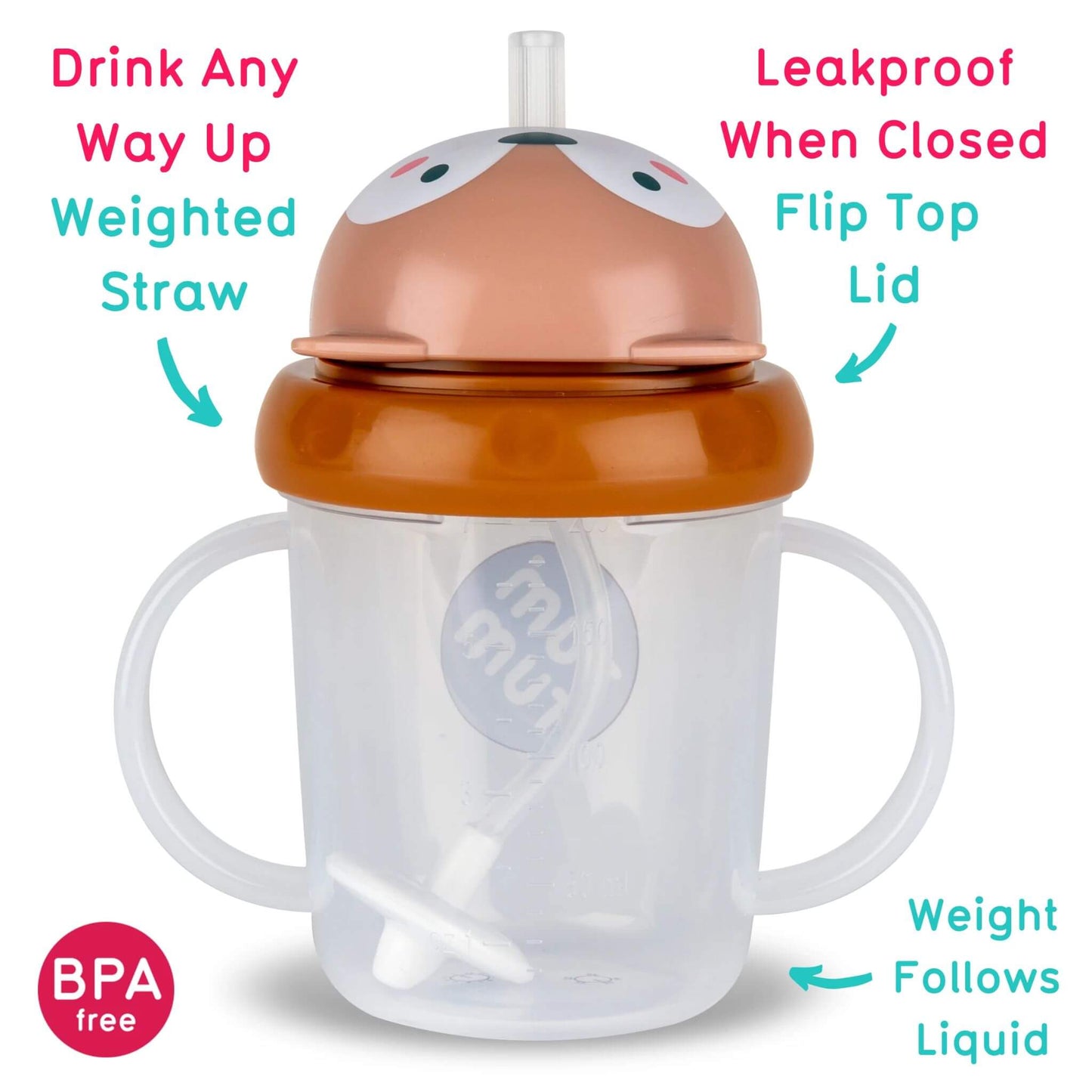 A TUM TUM Tippy Up Cup featuring a Fergus Fox design with a flip-top lid for easy access. The cup includes a weighted straw that follows the liquid, making it easy to drink from any angle. It’s BPA-free, leakproof when closed, and designed with easy-grip handles for toddlers.