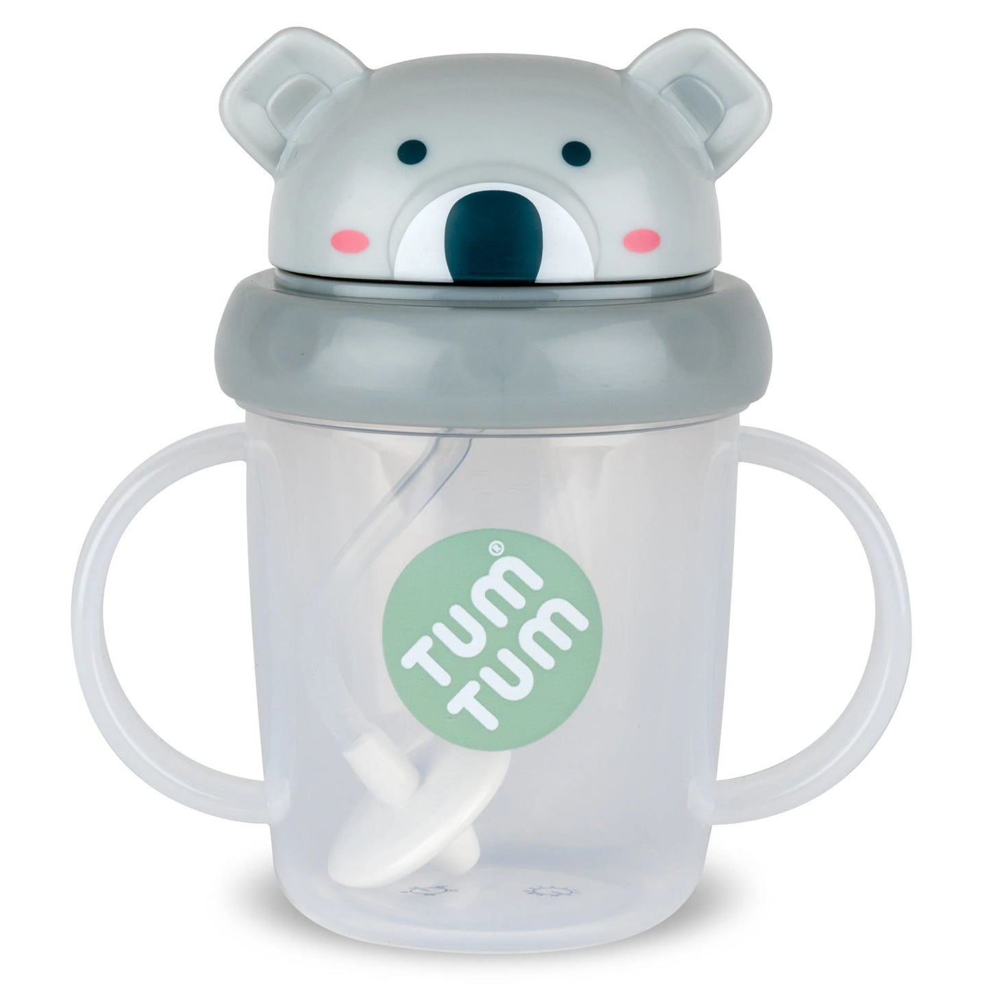 A clear TUM TUM Tippy Up Cup from, featuring a cute Kev Koala  lid with handles on both sides for easy gripping. The cup includes a weighted straw that follows the liquid, allowing toddlers to drink comfortably from any angle.