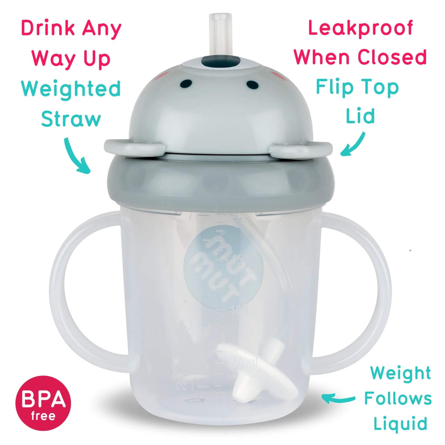 A TUM TUM Tippy Up Cup featuring a Kev Koala design with a flip-top lid for easy access. The cup includes a weighted straw that follows the liquid, making it easy to drink from any angle. It’s BPA-free, leakproof when closed, and designed with easy-grip handles for toddlers.