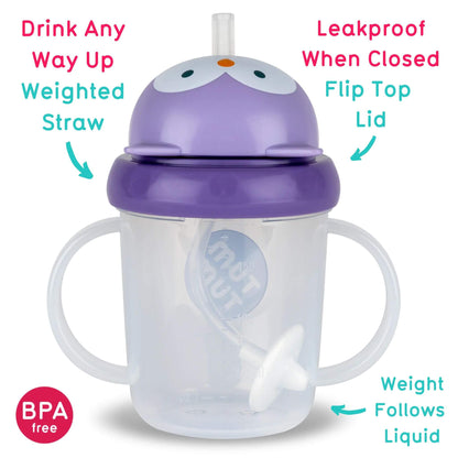 A TUM TUM Tippy Up Cup featuring a Olivia owl design with a flip-top lid for easy access. The cup includes a weighted straw that follows the liquid, making it easy to drink from any angle. It’s BPA-free, leakproof when closed, and designed with easy-grip handles for toddlers.