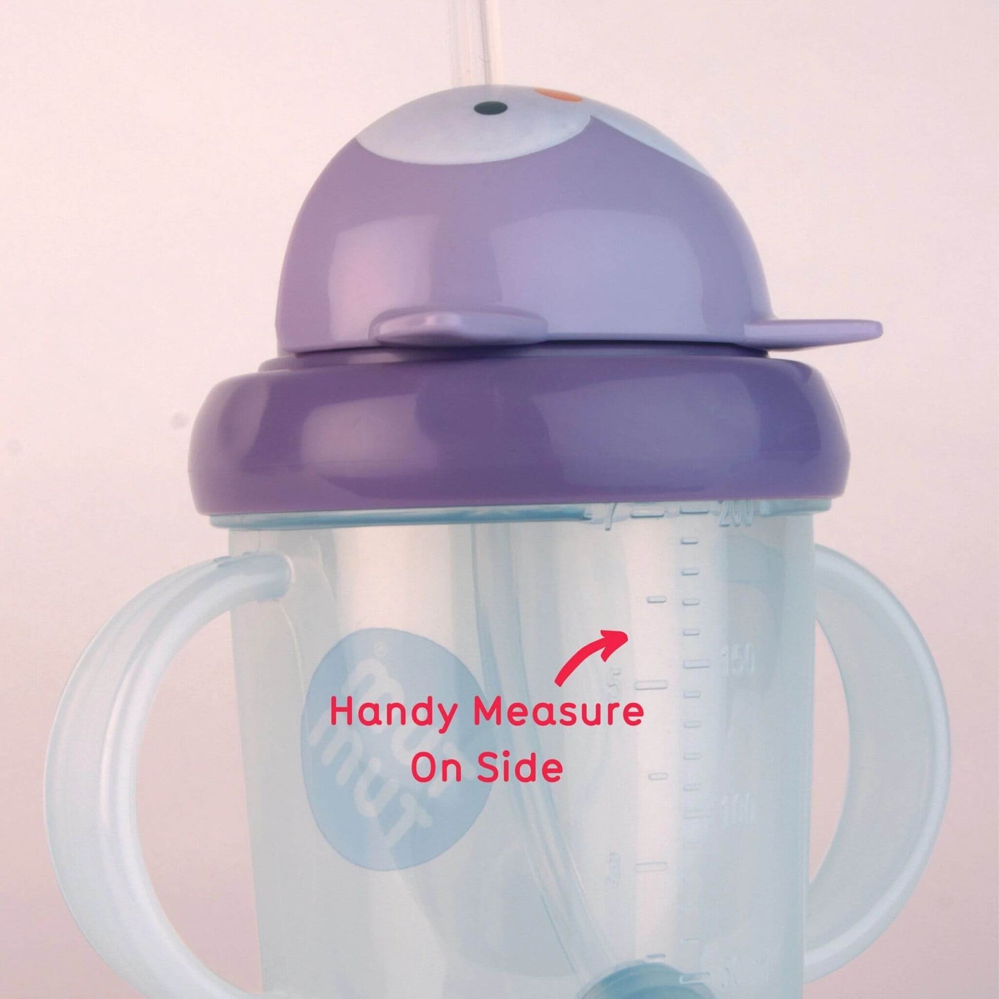 A close-up of the TUM TUM Tippy Up, featuring a Olivia Owl lid and dual handles. The cup shows a handy measurement scale on the side for easy tracking of fluid intake. The weighted straw inside follows the liquid for smooth, any-angle drinking.