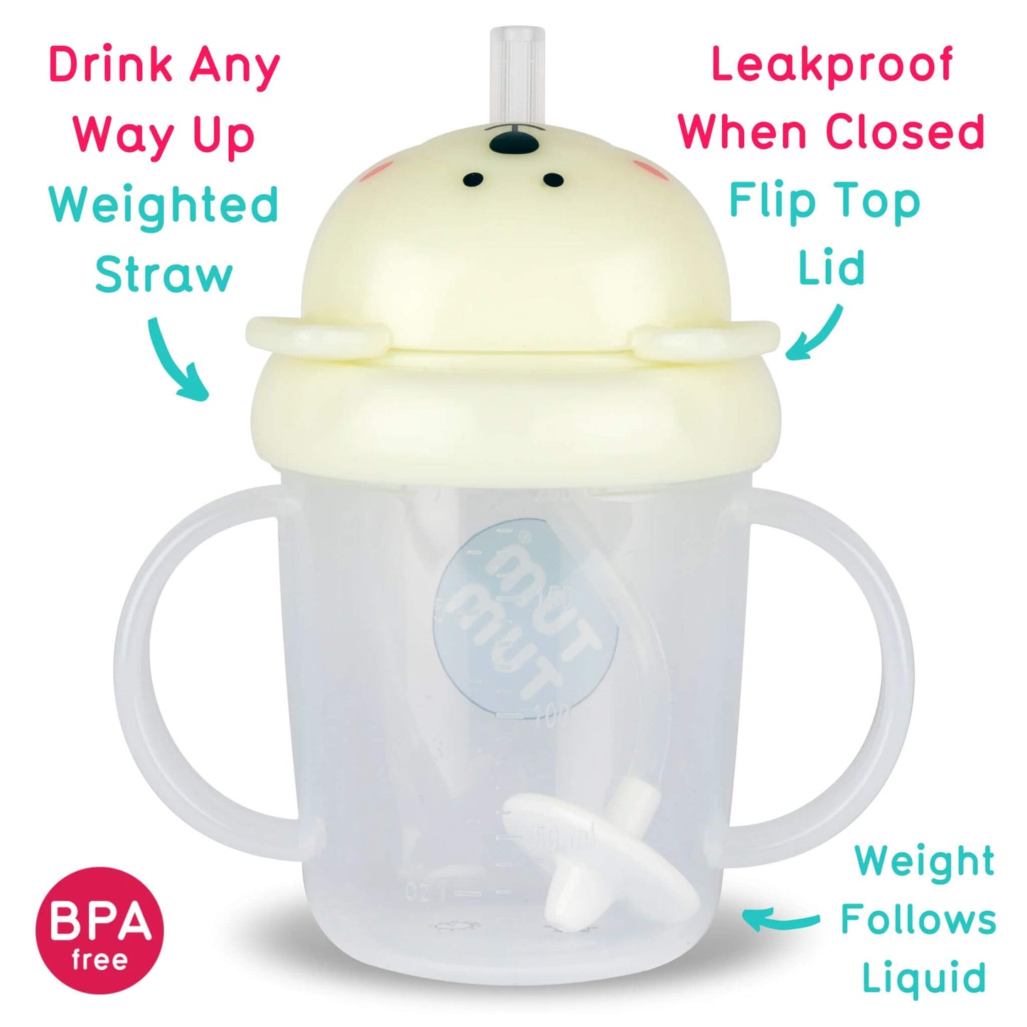 A TUM TUM Tippy Up Cup, featuring a polar bear design with a flip-top lid for easy access. The cup includes a weighted straw that follows the liquid, making it easy to drink from any angle. It’s BPA-free, leakproof when closed, and designed with easy-grip handles for toddlers.