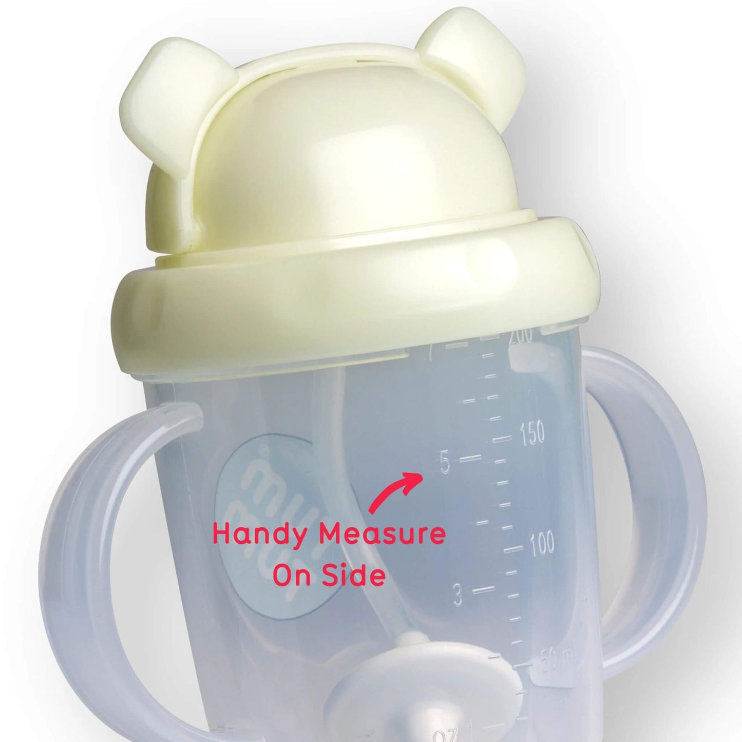 A close-up of the TUM TUM Tippy Up, featuring a Pete Polar Bear lid and dual handles. The cup shows a handy measurement scale on the side for easy tracking of fluid intake. The weighted straw inside follows the liquid for smooth, any-angle drinking.