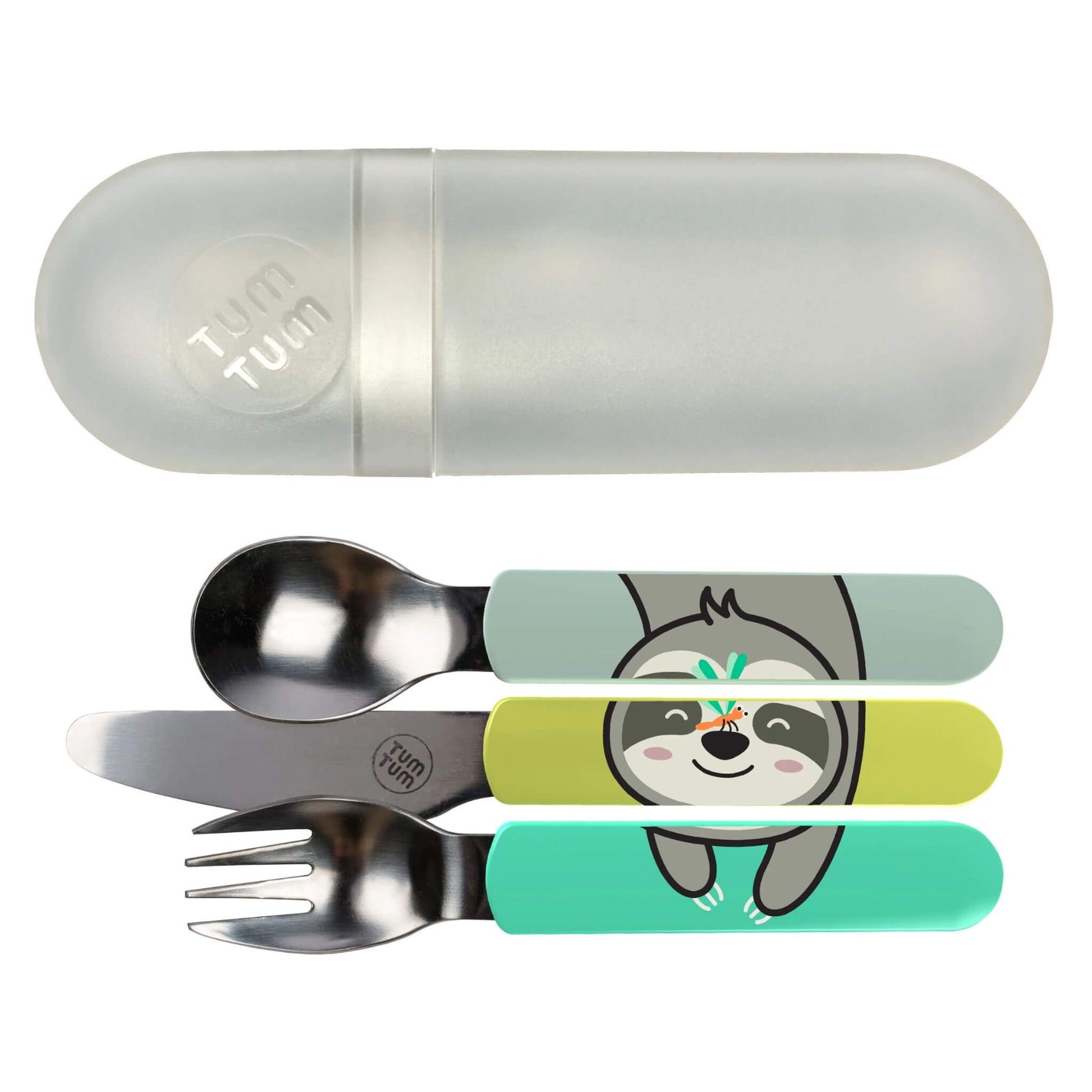 TUM TUM Easy Scoop Cutlery Set featuring a spoon, knife, and fork with fun Stanley Sloth handles, plus a travel case for on-the-go meals.