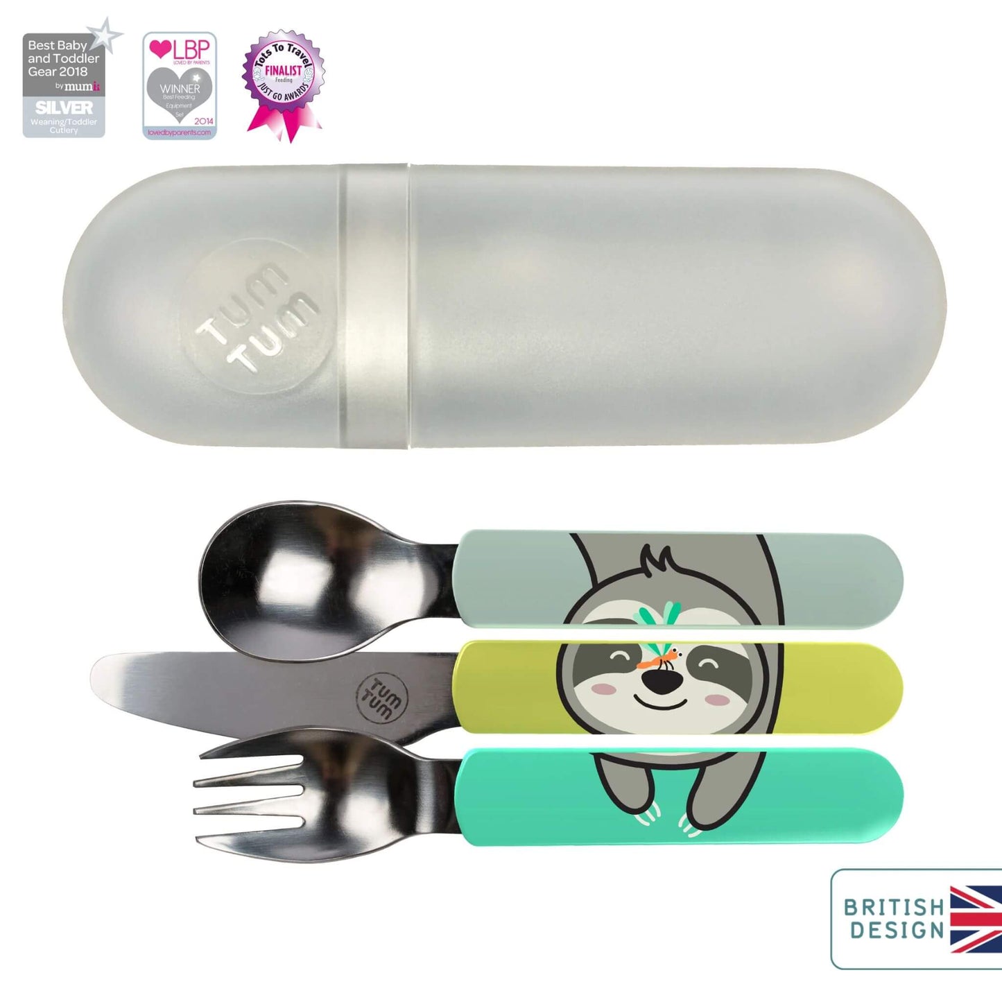 TUM TUM Easy Scoop Cutlery Set with a spoon, knife, and bowl-shaped fork. Stainless steel design, and a handy travel case. British design, award-winning recognition from Best Baby and Toddler Gear 2018 and LBP Winner 2014, plus a finalist in Made for Mums awards.