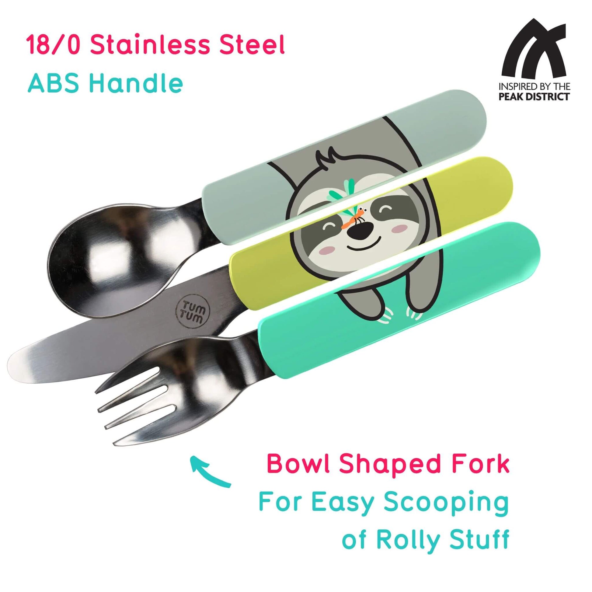 TUM TUM Easy Scoop Cutlery Set with a spoon, knife, and bowl-shaped fork featuring Stanley Sloth handles and stainless steel, plus a travel case.