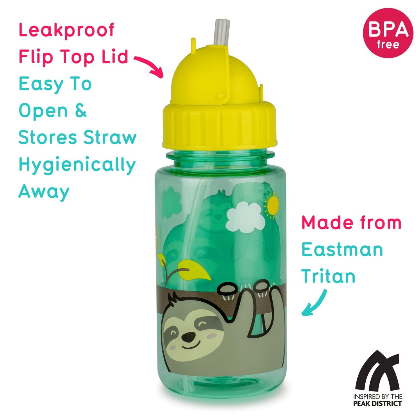 TUM TUM water bottle with Stanley Sloth design, BPA-free, made from Eastman Tritan, featuring a leakproof flip top lid and built-in straw