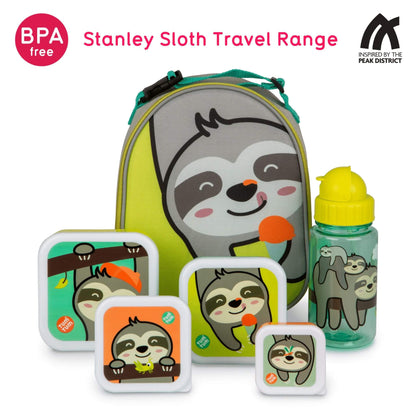 TUM TUM Stanley Sloth Travel Range featuring BPA-free water bottle, snack pots, cutlery, and lunch bag with Stanley Sloth design, perfect for kids.