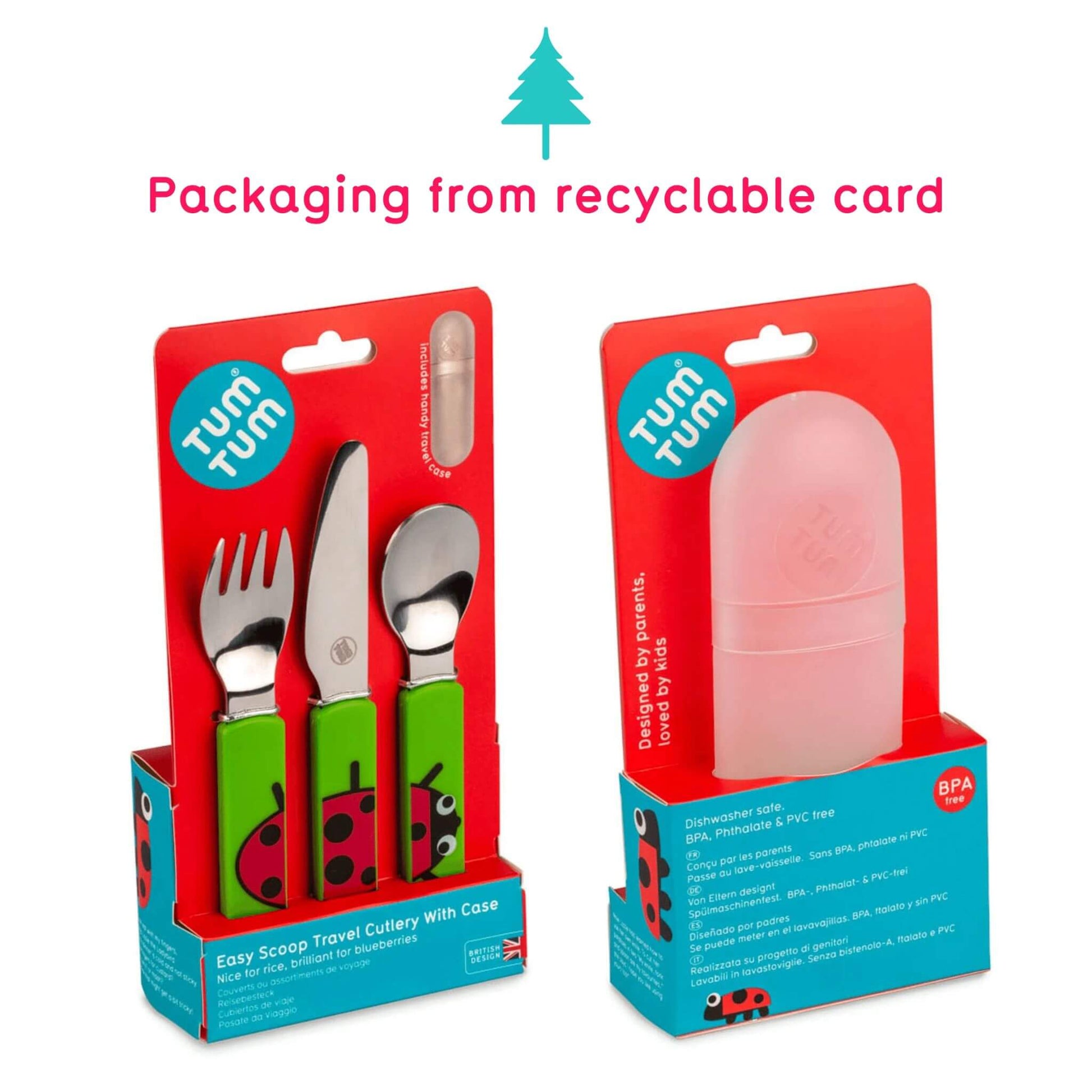 TUM TUM Easy Scoop Cutlery Set with green ladybird handles, packaged in recyclable card. Includes spoon, knife, fork, and a travel case. BPA-free and dishwasher safe.