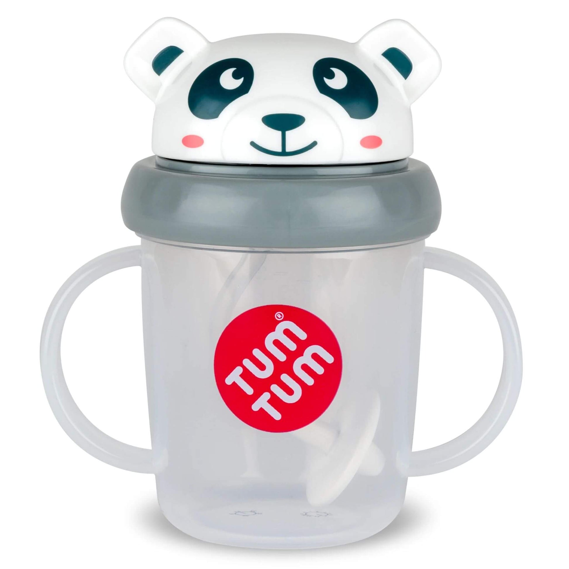 A clear TUM TUM Tippy Up Cup, featuring a cute panda lid with handles on both sides for easy gripping. The cup includes a weighted straw that follows the liquid, allowing toddlers to drink comfortably from any angle.