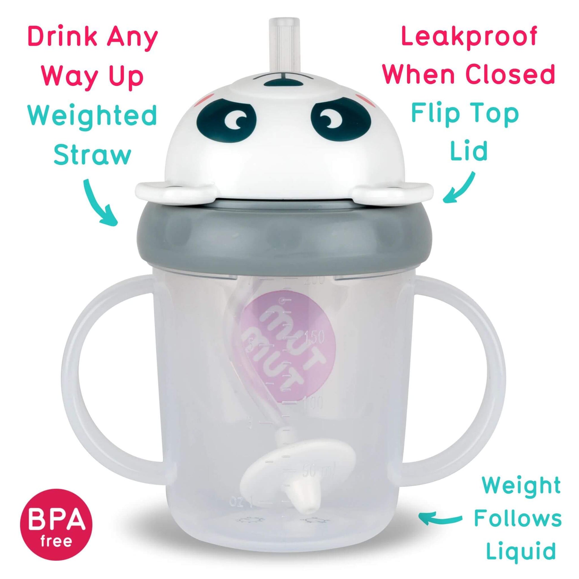 A TUM TUM Tippy Up Cup featuring a panda bear design with a flip-top lid for easy access. The cup includes a weighted straw that follows the liquid, making it easy to drink from any angle. It’s BPA-free, leakproof when closed, and designed with easy-grip handles for toddlers.