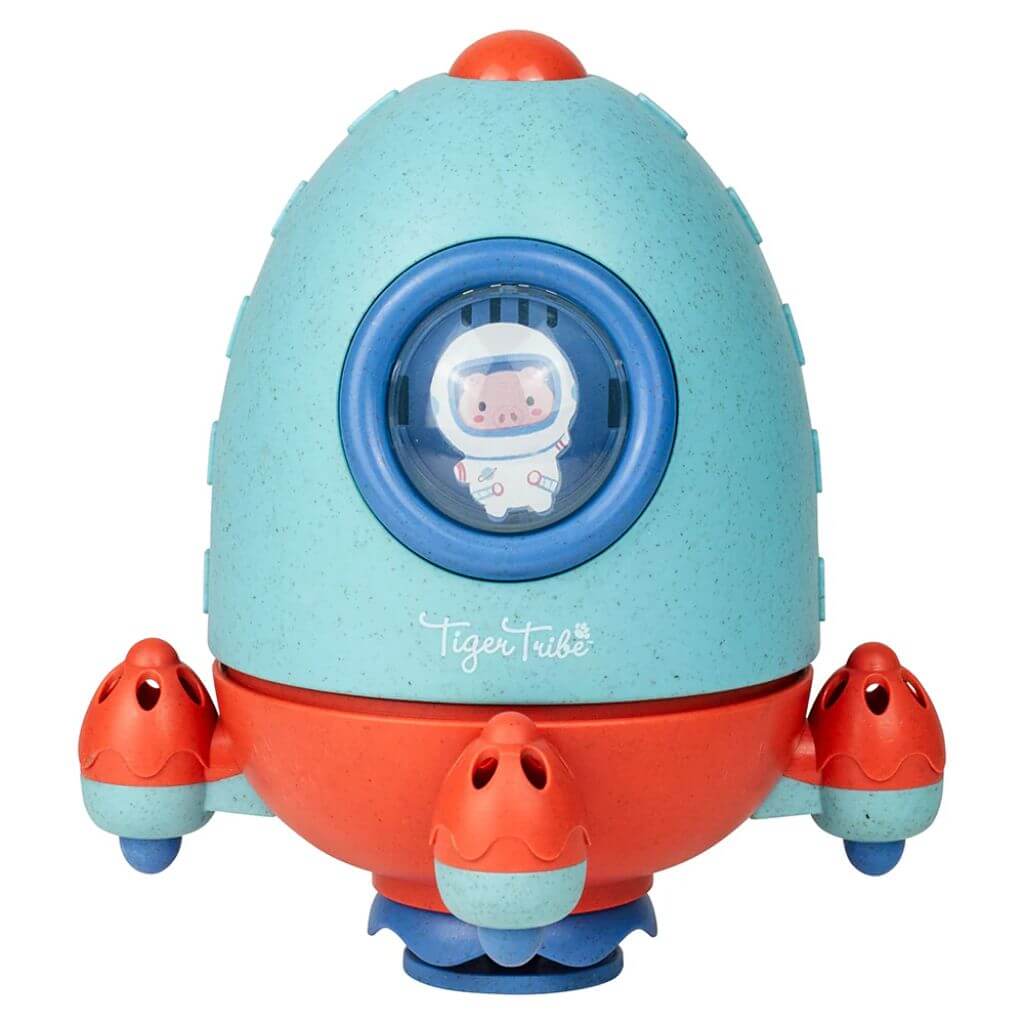 Tiger Tribe ECO Bath Rocket in blue and red, featuring a playful astronaut design. Eco-friendly bath toy for sensory water play, perfect for toddlers.