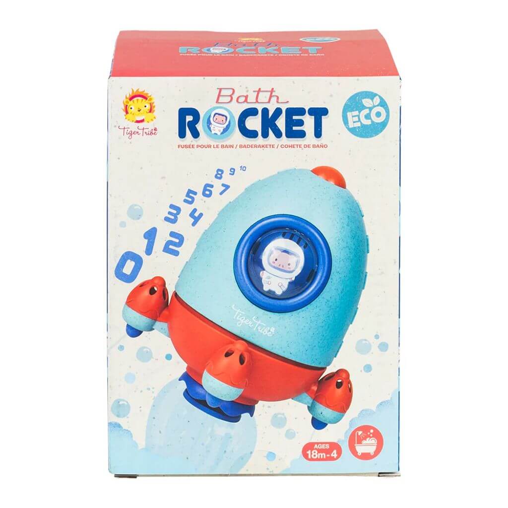 Tiger Tribe ECO Bath Rocket packaging showing eco-friendly bath toy for ages 18m-4, featuring an astronaut design and interactive water play.