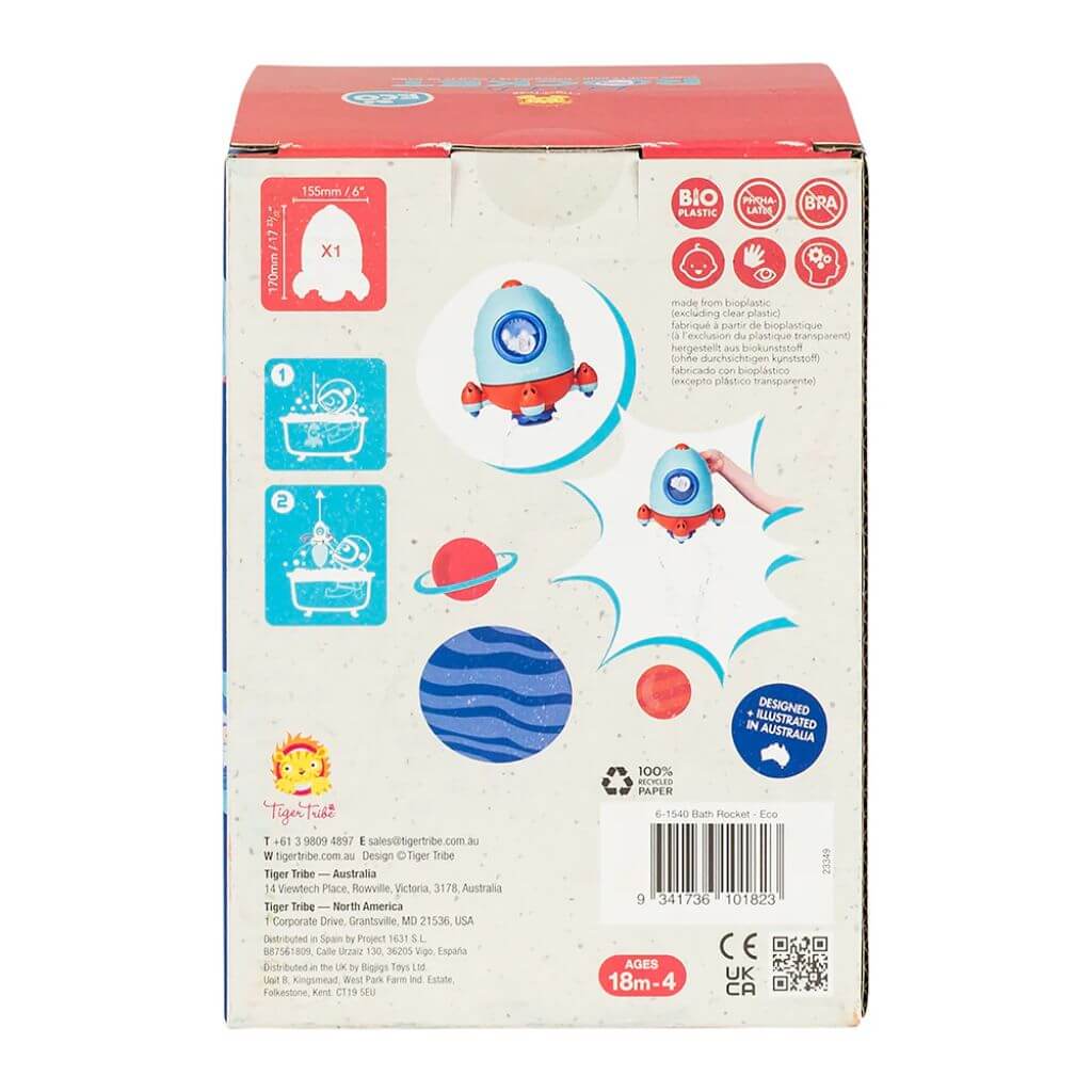 Back of the Tiger Tribe ECO Bath Rocket packaging, showing eco-friendly features, interactive water play instructions, and dimensions (155mm height, 78mm width). Suitable for ages 18m-4, made from sustainable bioplastic.