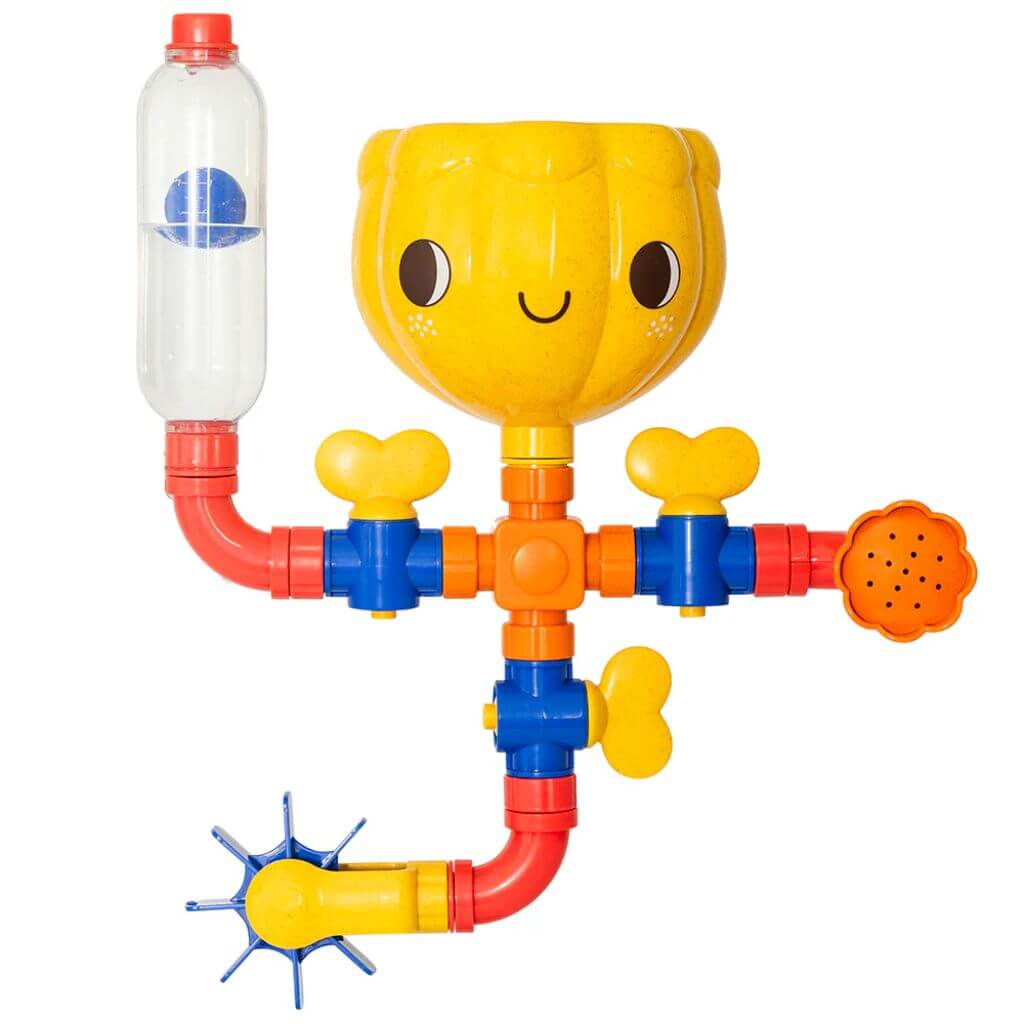 Colourful Tiger Tribe ECO Waterworks Pipeline bath toy featuring a cheerful yellow reservoir and interactive water flow system for sensory play.