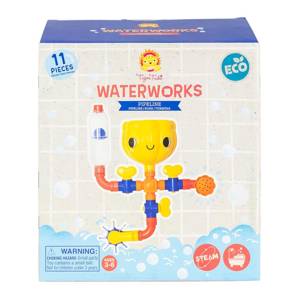 Tiger Tribe ECO Waterworks Pipeline packaging featuring colourful pipes and a smiling yellow reservoir, suitable for ages 3-6.