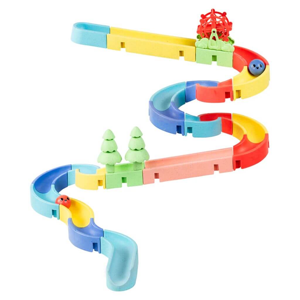 Colourful Tiger Tribe Marble Waterslide ECO toy made from eco-friendly materials, featuring a winding track with marbles and trees for interactive play.