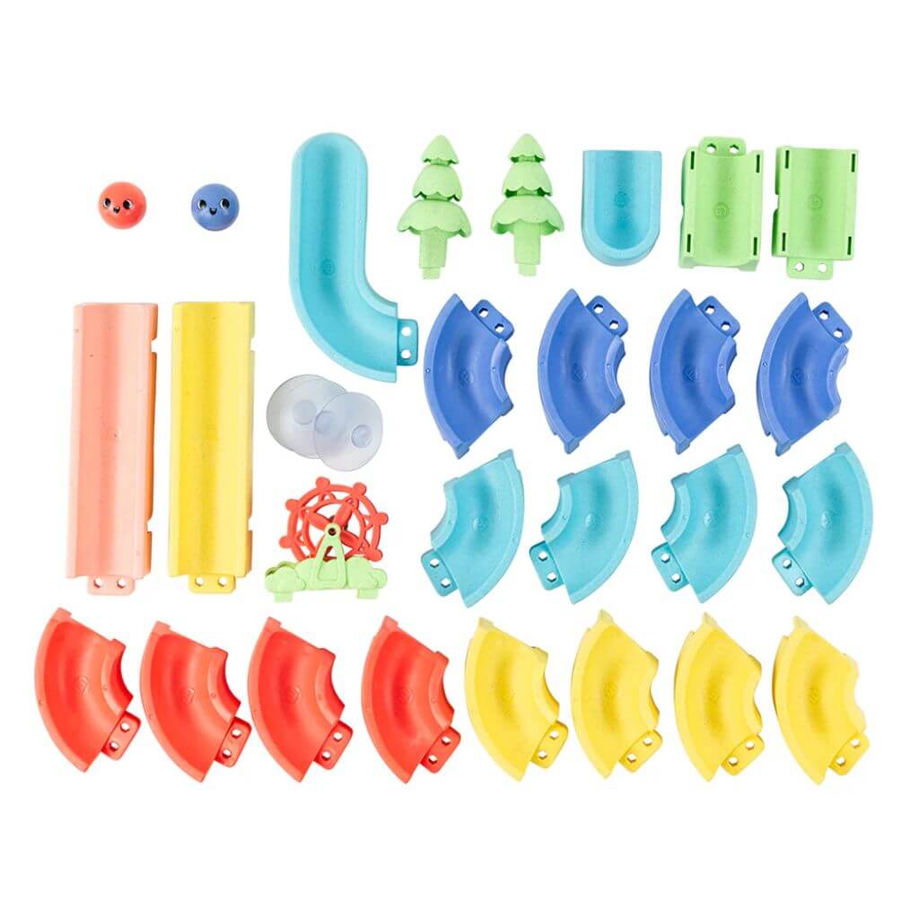 Tiger Tribe Marble Waterslide ECO components, including colourful track pieces, marbles, trees, and suction cups, designed for fun, eco-friendly bath play.