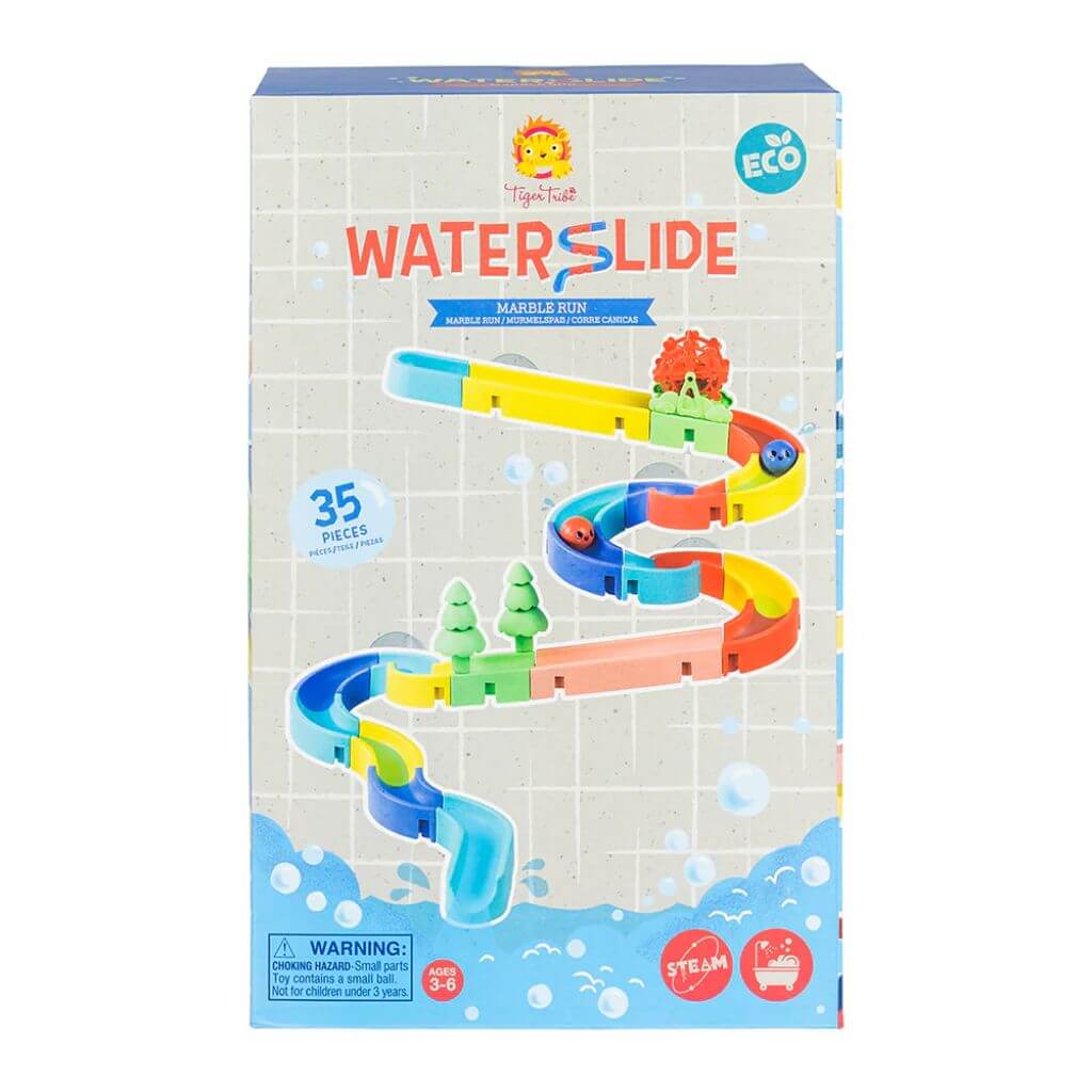 Tiger Tribe Marble Waterslide ECO packaging showing colourful 35-piece marble run made from eco-friendly materials, designed for bath play, ages 3-6.