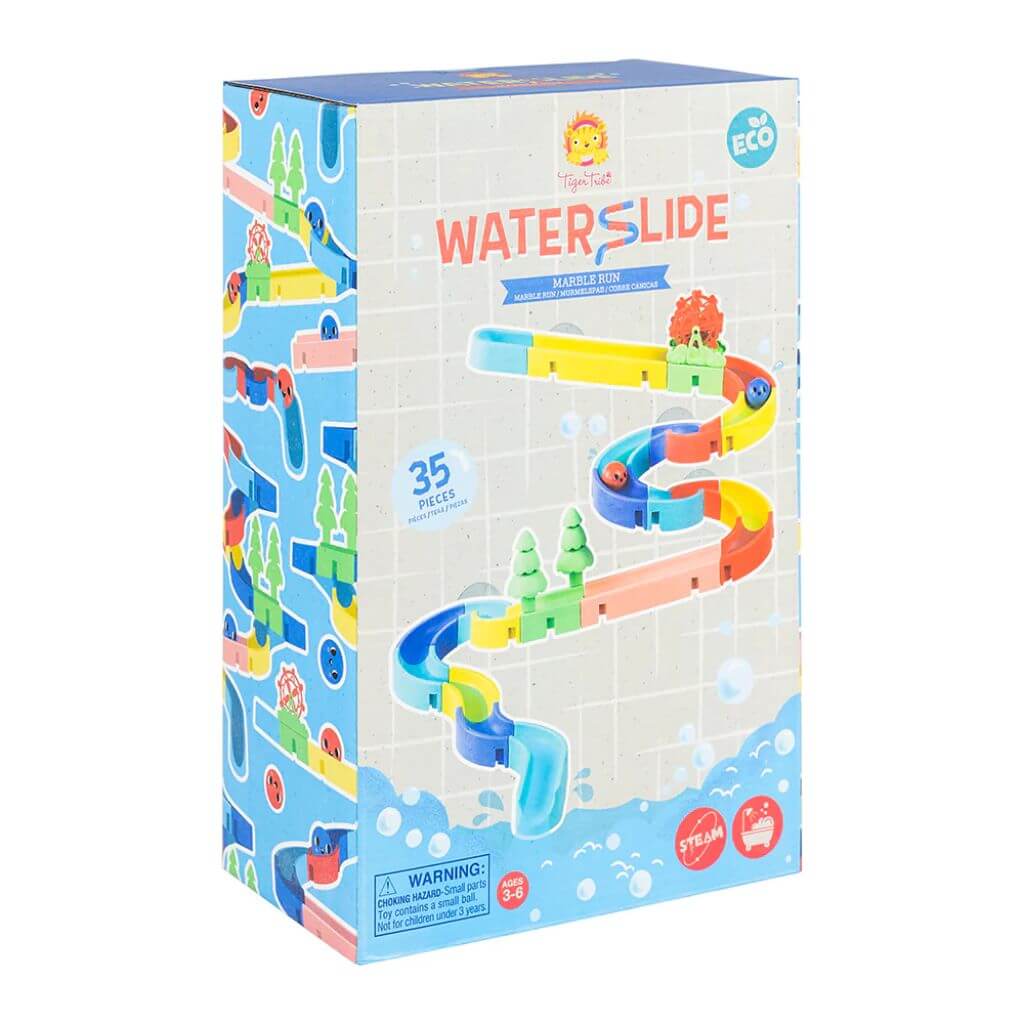 Tiger Tribe Marble Waterslide ECO packaging, featuring a 35-piece colourful marble run made from eco-friendly materials, designed for bath play and suitable for ages 3-6.