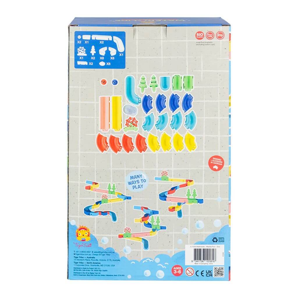 Back of the Tiger Tribe Marble Waterslide ECO packaging, showing 35 colourful components for creative marble run configurations, designed for ages 3-6.