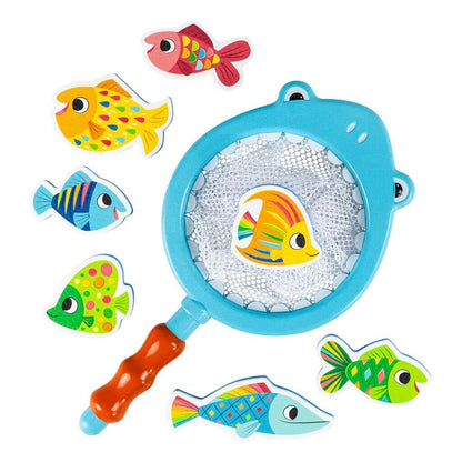 Tiger Tribe Shark Chasey Catch-A-Fish set with blue shark net and seven colourful fish, perfect for eco-friendly water play and hand-eye coordination.