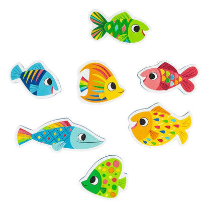 Seven colourful fish toys from the Tiger Tribe Shark Chasey set, perfect for water play and designed to encourage hand-eye coordination in young children.