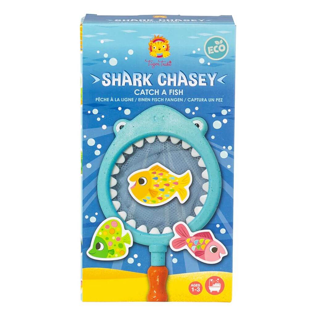 Tiger Tribe Shark Chasey Catch-A-Fish packaging showing shark-shaped net and colourful fish, eco-friendly bath toy designed for ages 1-3.