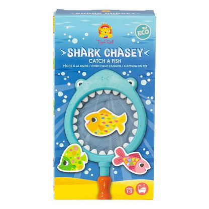 Tiger Tribe Shark Chasey Catch-A-Fish packaging showing shark-shaped net and colourful fish, eco-friendly bath toy designed for ages 1-3.