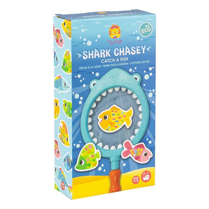 Tiger Tribe Shark Chasey Catch-A-Fish packaging, featuring eco-friendly shark net with colourful fish toys, designed for fun bath play for ages 1-3.