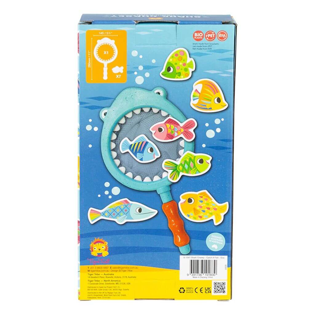 Back of the Tiger Tribe Shark Chasey Catch-A-Fish packaging, showing eco-friendly shark net with colourful fish toys, designed for interactive water play for children ages 1-3.