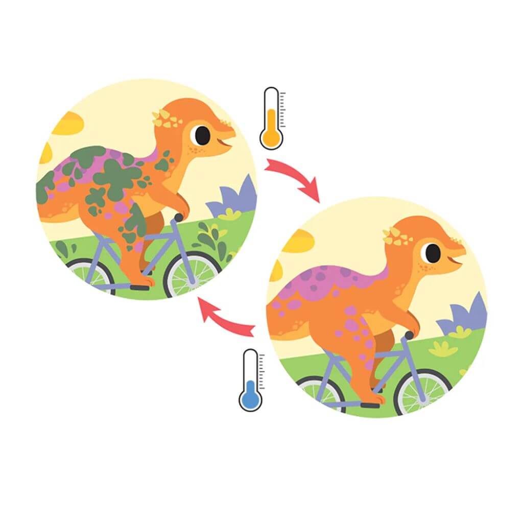 Illustration from Tiger Tribe Messy Dinosaurs Bath Book showing a dinosaur whose muddy spots disappear with warm water and reappear with cold, for interactive bath fun.