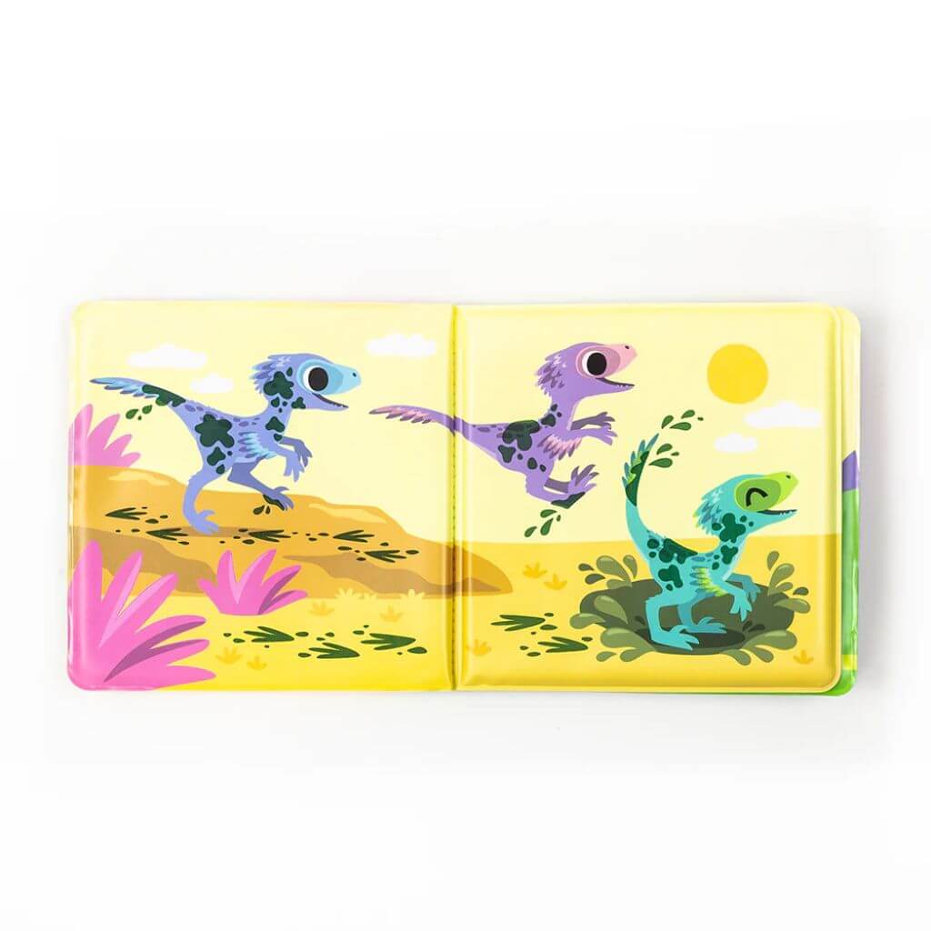 Illustration from Tiger Tribe Messy Dinosaurs Bath Book showing playful dinosaurs with muddy spots that change with water temperature, creating interactive bath fun.