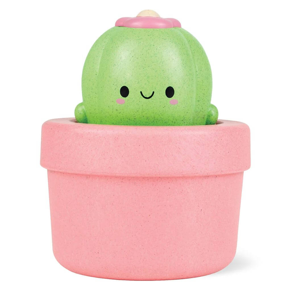 Tiger Tribe bath pop-up cactus toy in pink pot, perfect for sensory play and eco-friendly bathtime fun.