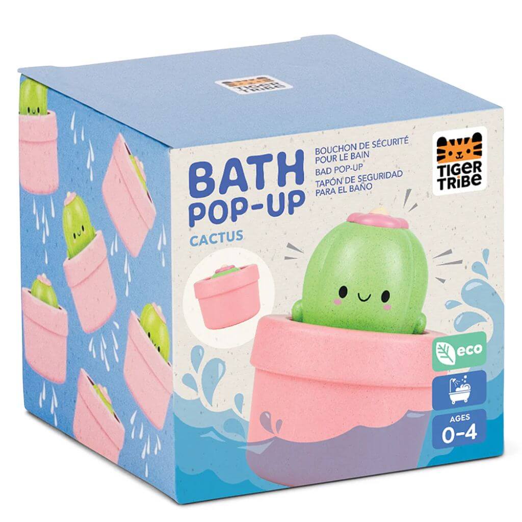 Tiger Tribe bath pop-up cactus in eco-friendly packaging, ideal for ages 0-4. Fun water play toy designed for sensory development.