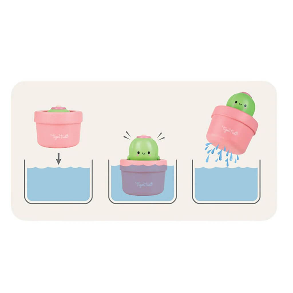 Illustration showing how the Tiger Tribe pop-up cactus bath toy works: submerge to fill, watch it pop up, and lift to let water drain.