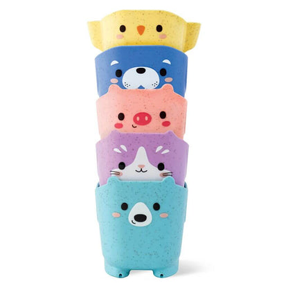 Stacked Tiger Tribe Pour & Play Animal Cups in bright colours, featuring cute animal faces. Eco-friendly bath and sensory play toy.