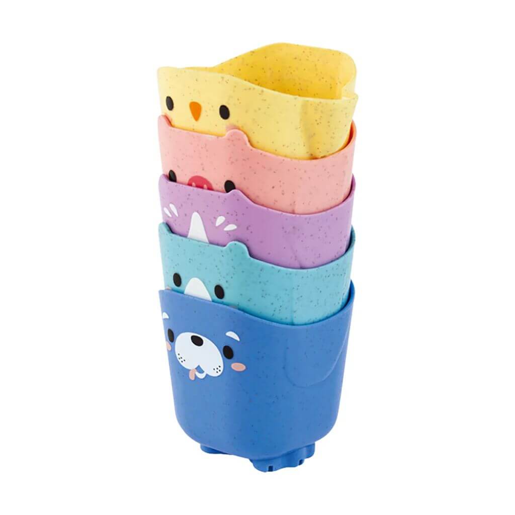 Side view of stacked Tiger Tribe Pour & Play Animal Cups with colourful animal faces, perfect for eco-friendly bath time and sensory play for toddlers.