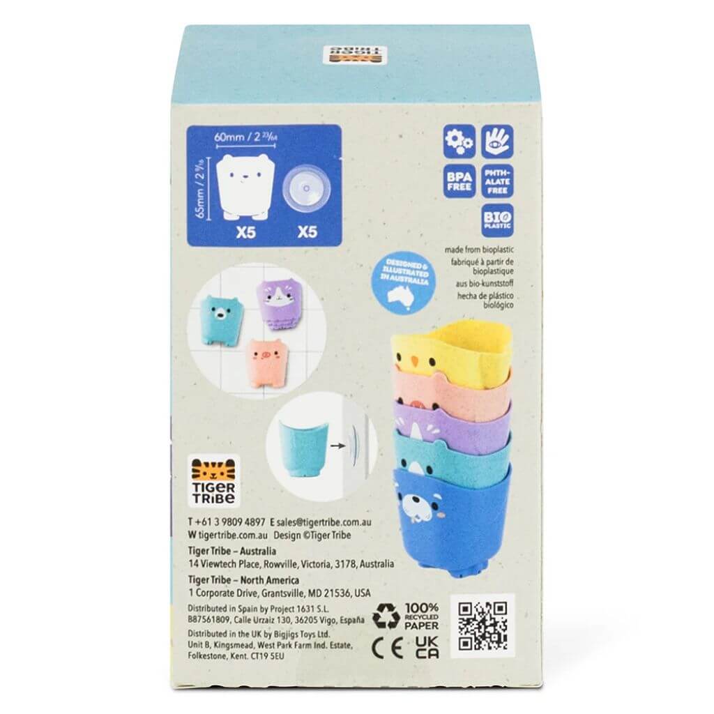 Back of the Tiger Tribe Pour & Play Animal Cups packaging, showing dimensions (65 mm height, 60 mm width), BPA-free and eco-friendly features, with stacking cups in animal designs for fun bath play.