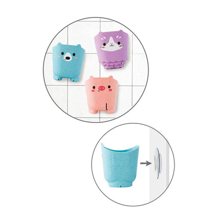 Tiger Tribe Pour & Play Animal Cups displayed on tiles with suction cups, showing easy storage and playful animal designs, ideal for bath time fun.