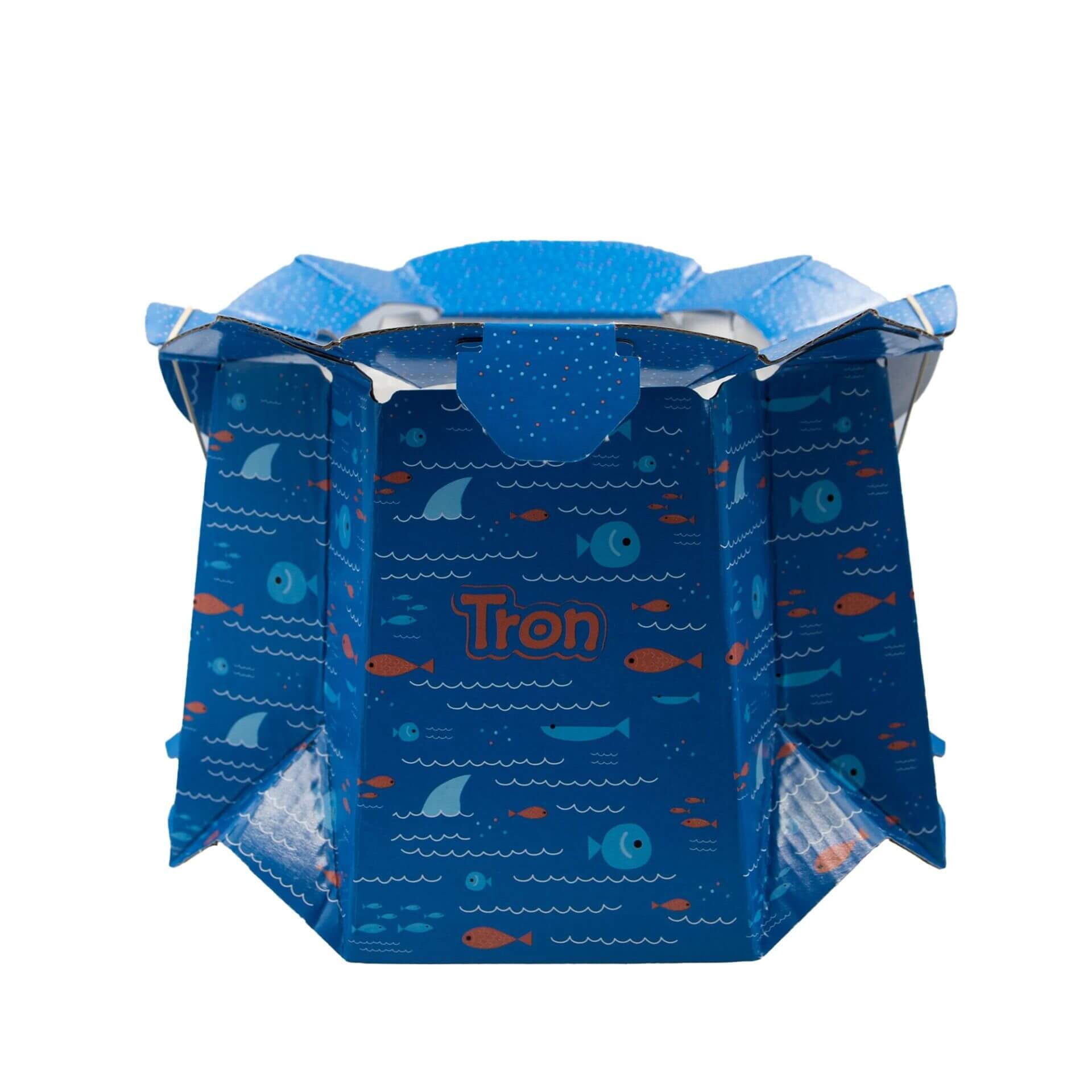 Tron disposable potty with blue fish pattern, compact and convenient for on-the-go use, ideal for travel and outdoor potty training.